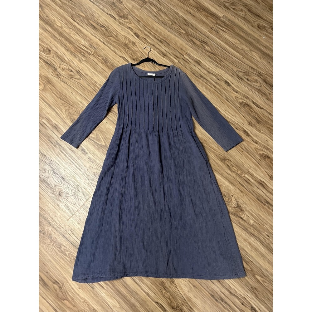Weaver Dress Womens Medium Gray Long Sleeve Cotton Crinkle A-Line Pintuck Midi